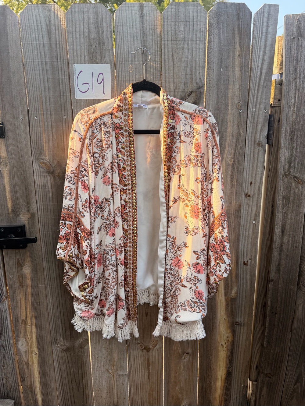 NWT Tribal Floral Fringe Kimono Cape - Cream, Coral & Brown Accents One Size